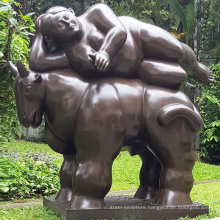 Famous metal art botero bronze fat lady lying on sheep statue